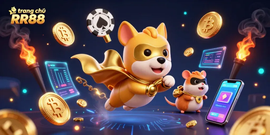 Experience winning strategies at trang chủ RR88 with thrilling 3D illustration of a superhero dog and hamster.