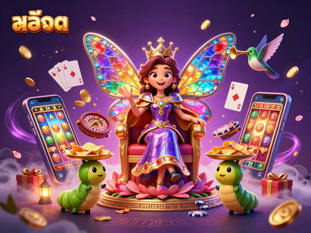 Play exciting สล็อต games with the butterfly queen surrounded by golden chips and vibrant elements.