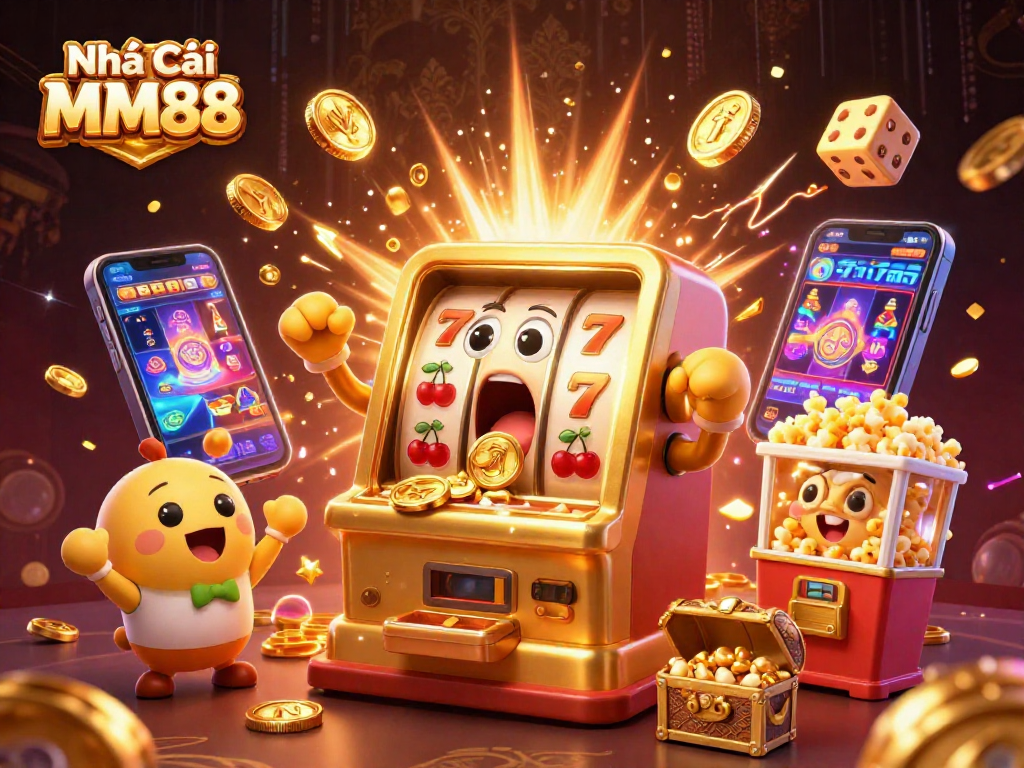 Experience exciting jackpots at Nhà Cái MM88 as golden coins pour from a winning slot machine.