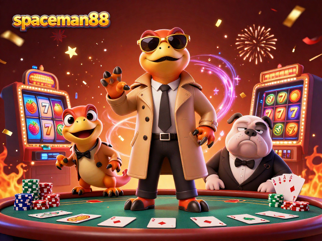 Engage with spaceman88 casino slots featuring a lively 3D cartoon scene of raptors trying to enter a VIP area, with vibrant game elements.