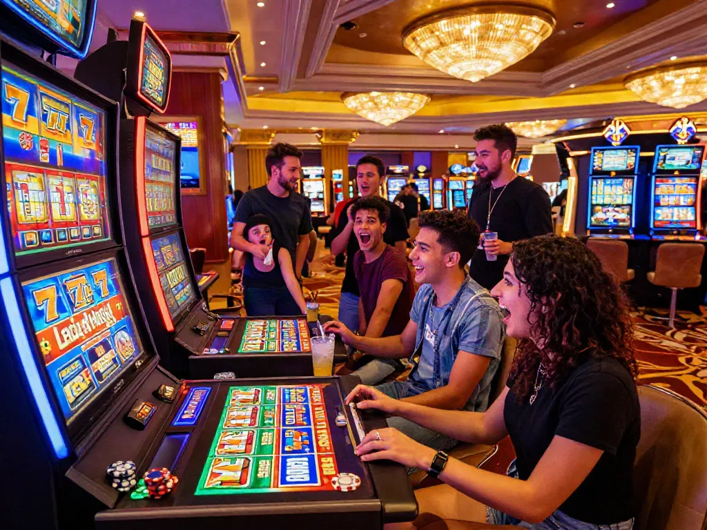 A lively casino scene with friends celebrating around a slot machine featuring Lucky777 symbols, capturing excitement and neon lights.