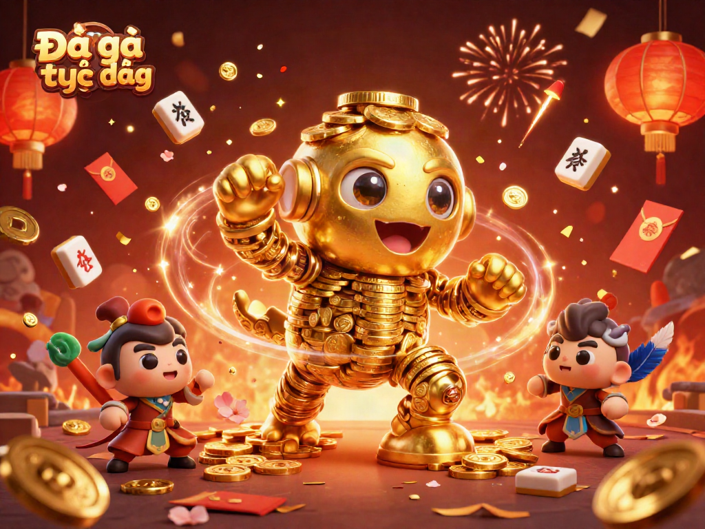 Experience thrilling Đá gà trực tiếp action with an energetic illustration of a golden golem in a vibrant arena.