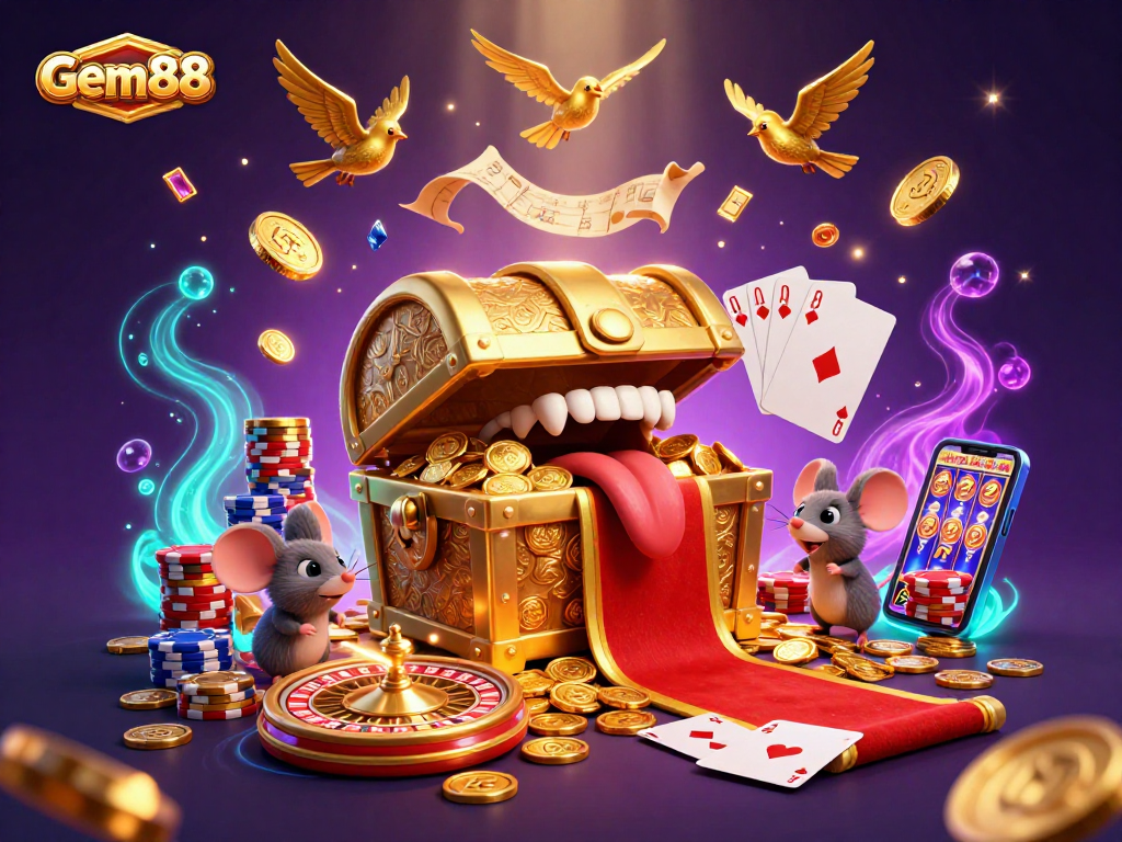 Experience Gem88's vibrant appeal with 3D animated casino treasures and dazzling gaming elements.