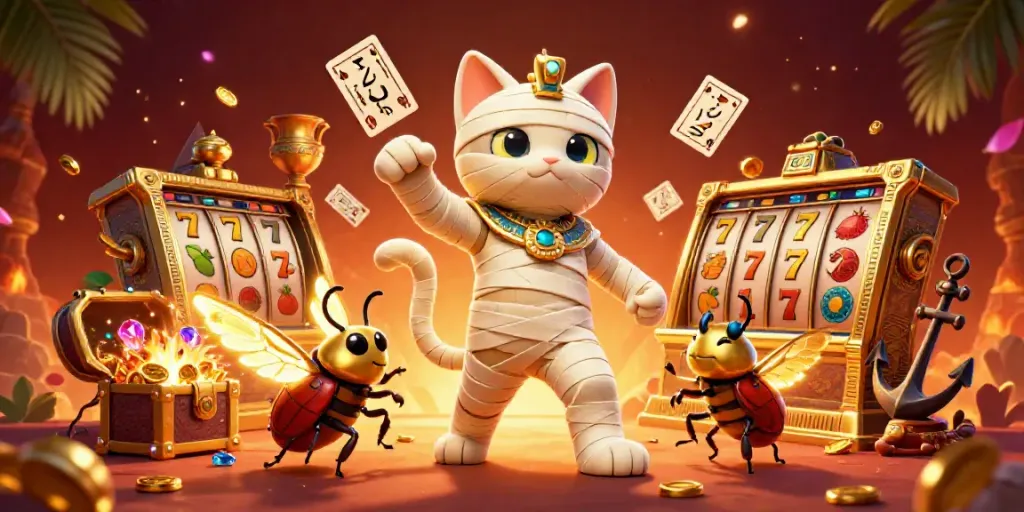 Experience luxury777 with an Egyptian mummy cat at a vibrant pyramid casino bursting with games.