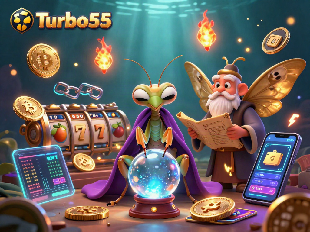 Engage with Turbo55's vibrant 3D casino scene featuring fortune tellers and crypto elements.