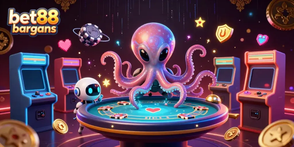 Join the excitement at bet88 bargains with a vibrant visual of a 3D alien octopus playing poker.