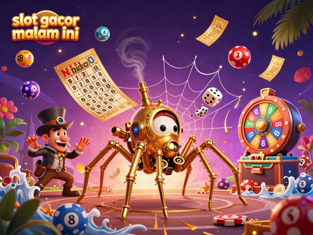 Slot gacor malam ini dengan laba-laba emas dan bola lotere berwarna-warni menambah suasana kasino.
