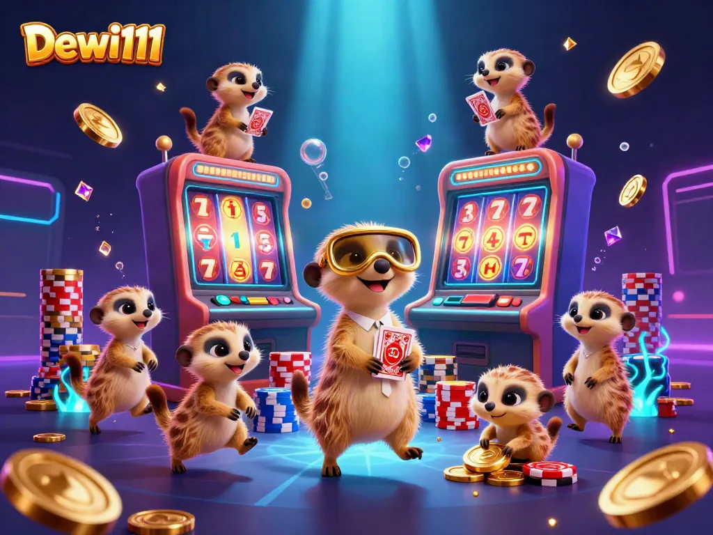 Permainan slot di Dewi111 menunjukkan karakter meerkat dalam suasana kasino yang ramai dengan koin emas dan chip berwarna-warni.