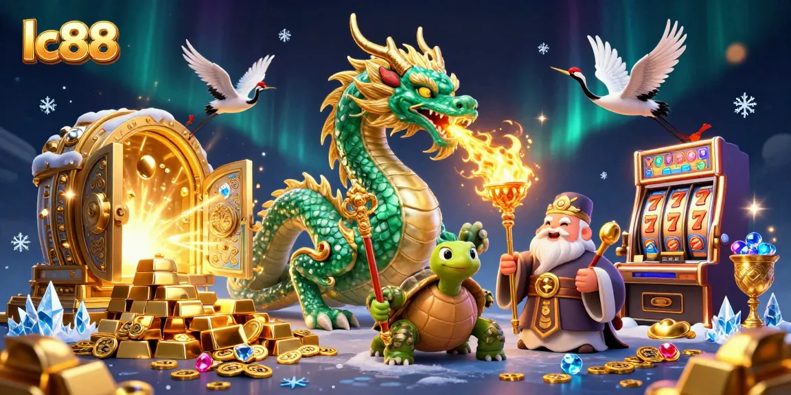 Engage with the vibrant lc88 casino scene featuring a jade dragon amid golden treasures and slot machines.