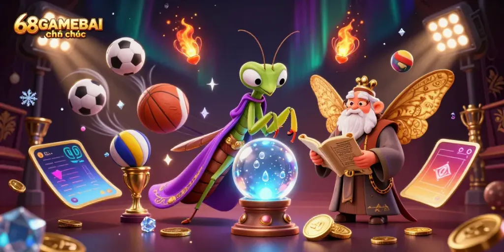 Experience the magic of 68GAMEBAI chính thức with engaging characters and dynamic sports elements in a vibrant casino scene.