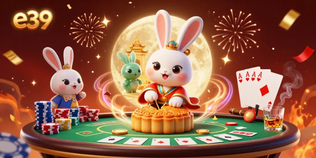 Engaging e39 illustration capturing a moon rabbit revealing poker chips from mooncakes amidst a vibrant casino scene.