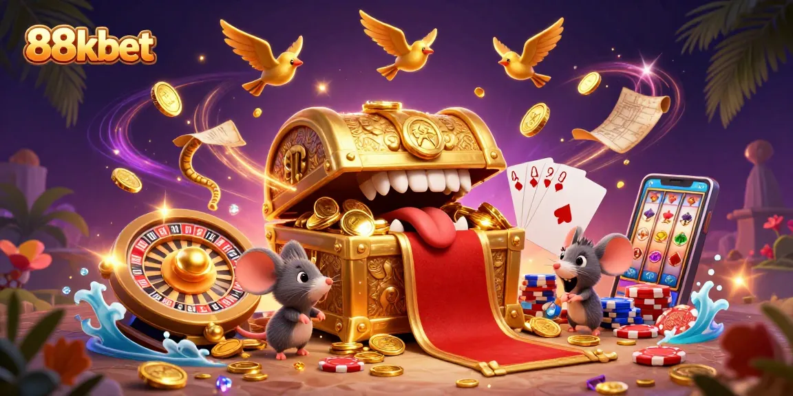 The 88kbet treasure chest lures adventurer mice with riches in a rich, colorful casino scene.