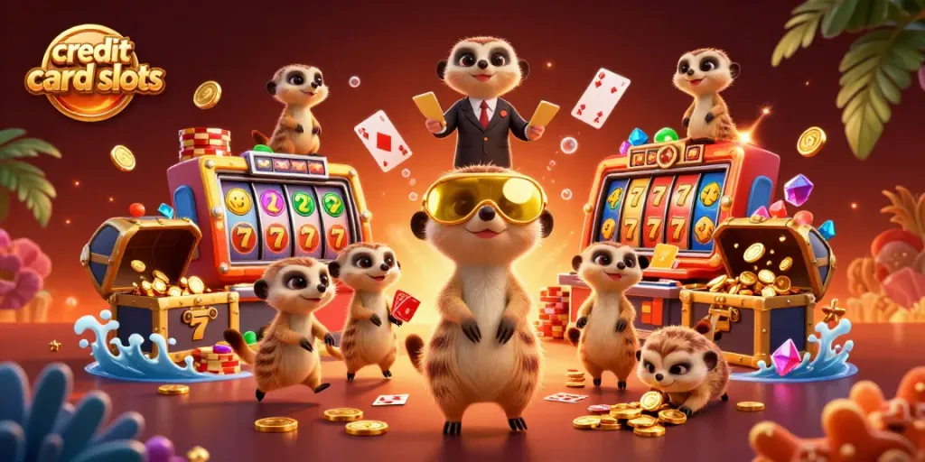 Meerkats delight in credit card slots at an animated casino with lively game elements.