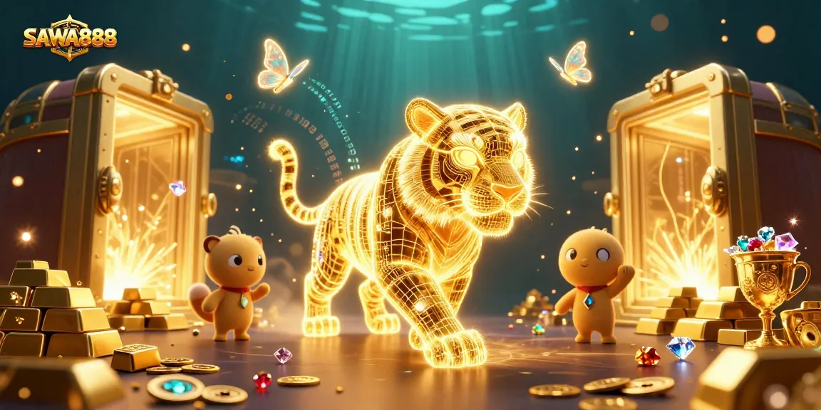 Experience excitement with SAWA888's vibrant gaming environment featuring a golden tiger and treasures.
