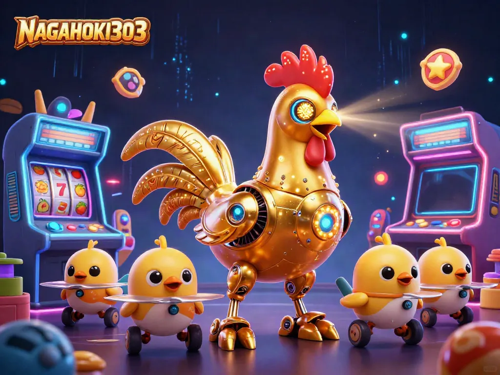 Permainan kasino dengan NAGAHOKI303 menampilkan robot ayam emas futuristik dan permainan slot yang menarik.