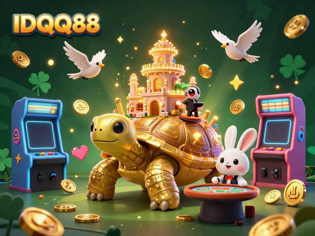 Experience the excitement of IDQQ88 with a vibrant casino scene featuring a golden tortoise and a rabbit dealer.