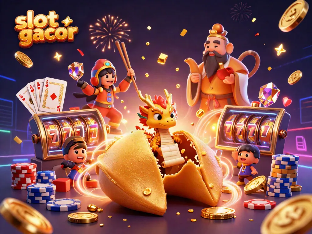 Slot gacor dengan gambar 3D kue keberuntungan yang terbuka dan naga bijak membaca gulungan nasib.