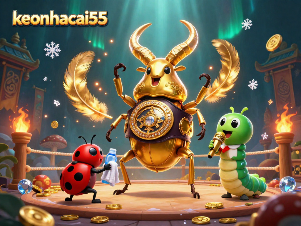 Witness the vibrant action at keonhacai55 with a giant beetle battling in a dynamic 3D casino scene.