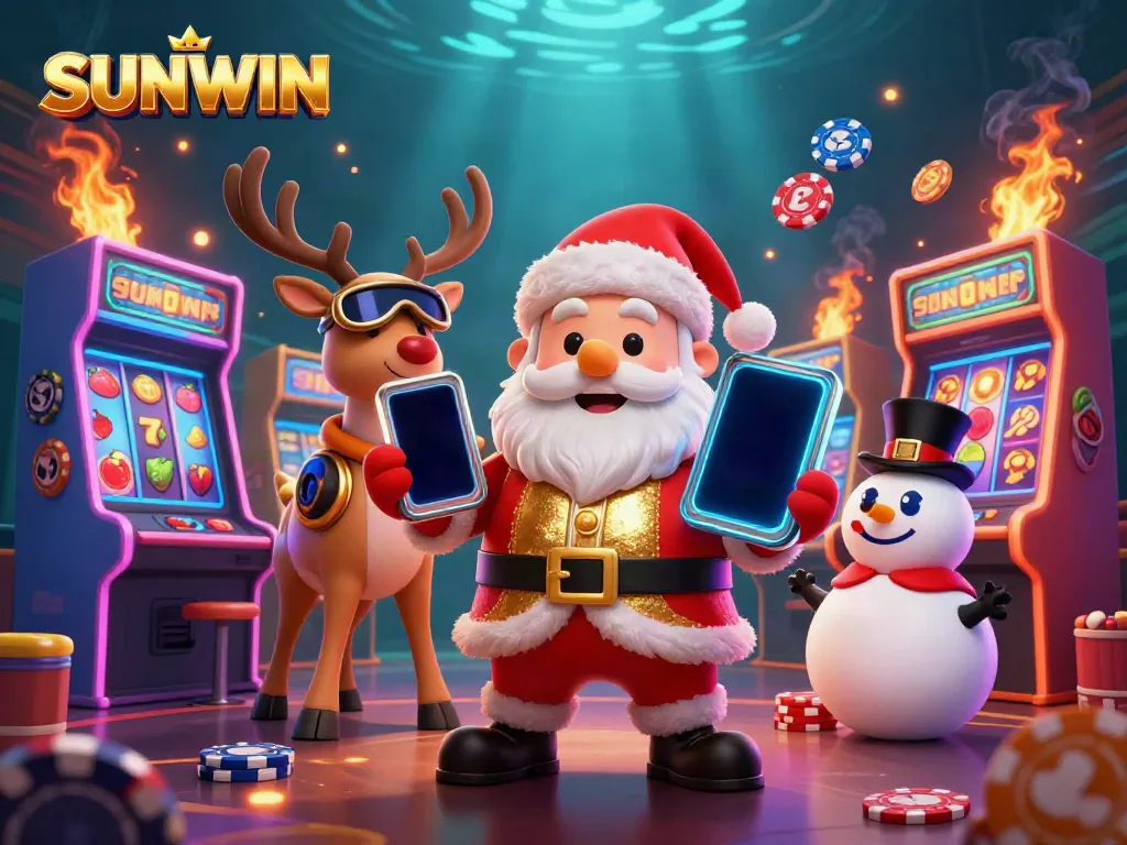 SUNWIN promotes jackpot excitement with Santa and friends in a vibrant casino scene.