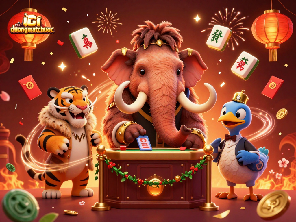 Engage with duongmatchuoc while enjoying the vibrant casino scene featuring playful characters and mahjong elements.