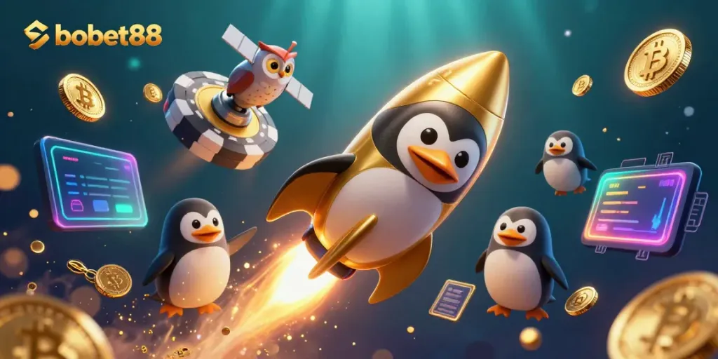 Experience thrilling sports betting actions with sbobet88 in a vibrant 3D illustration featuring a golden penguin and casino elements.
