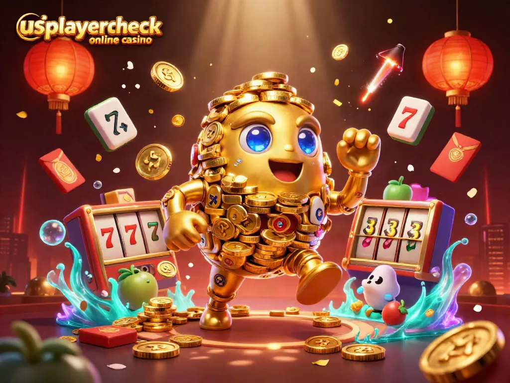 Experience the excitement of usplayercheck online casino with a vibrant 3D illustration featuring a golden golem surrounded by dynamic casino elements.