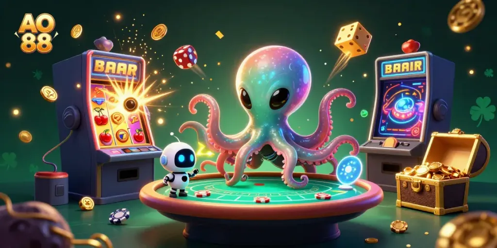 Engage in thrilling action at AO 88 with an alien octopus and vibrant casino elements.