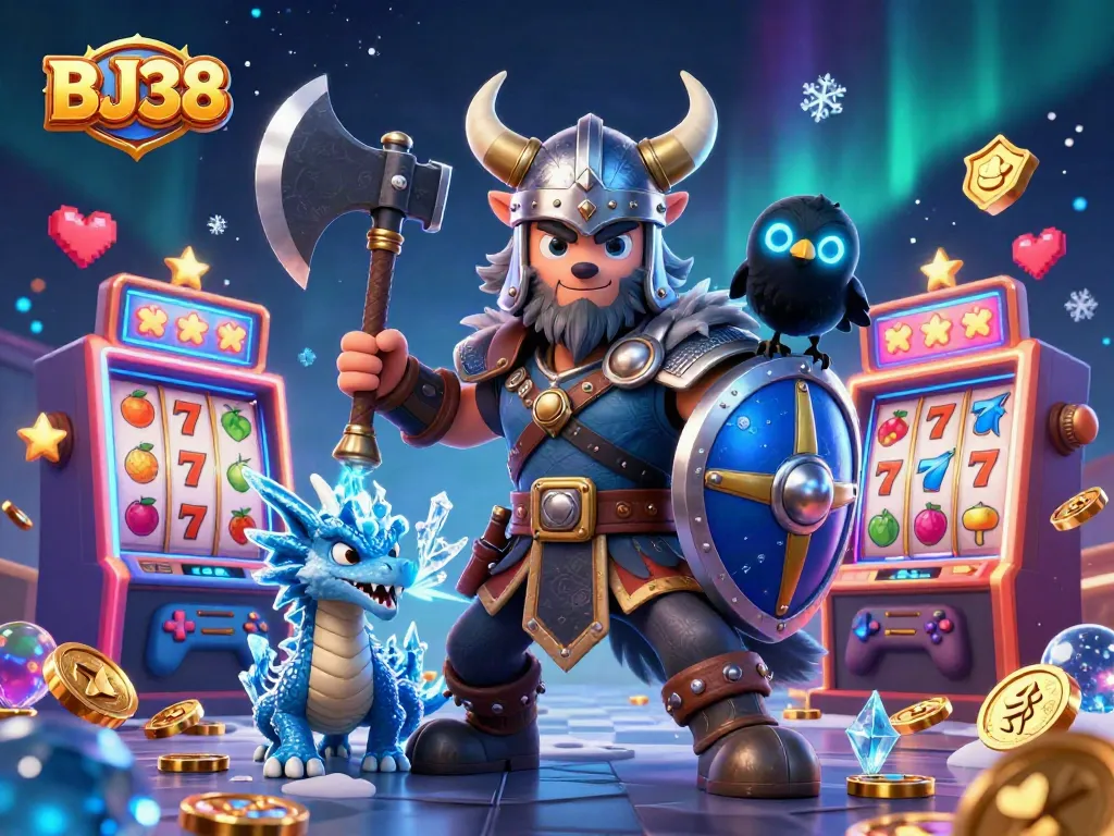 Experience the thrilling adventures of BJ38 in a vibrant online casino scene filled with spinning slots and winning symbols.