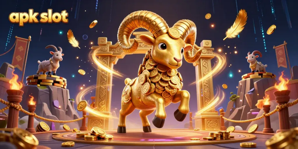 Experience the thrilling apk slot gameplay with golden ram charging through a vibrant casino scene.