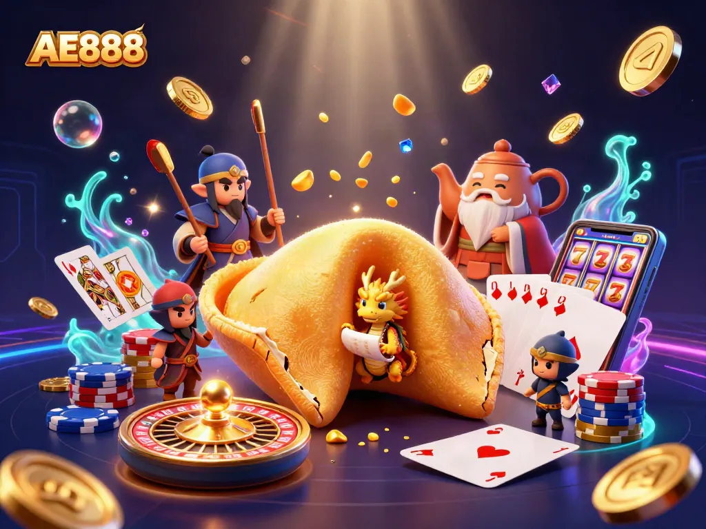 Engage in vibrant AE888 casino gaming with a golden fortune cookie, dragon, and warrior scene.