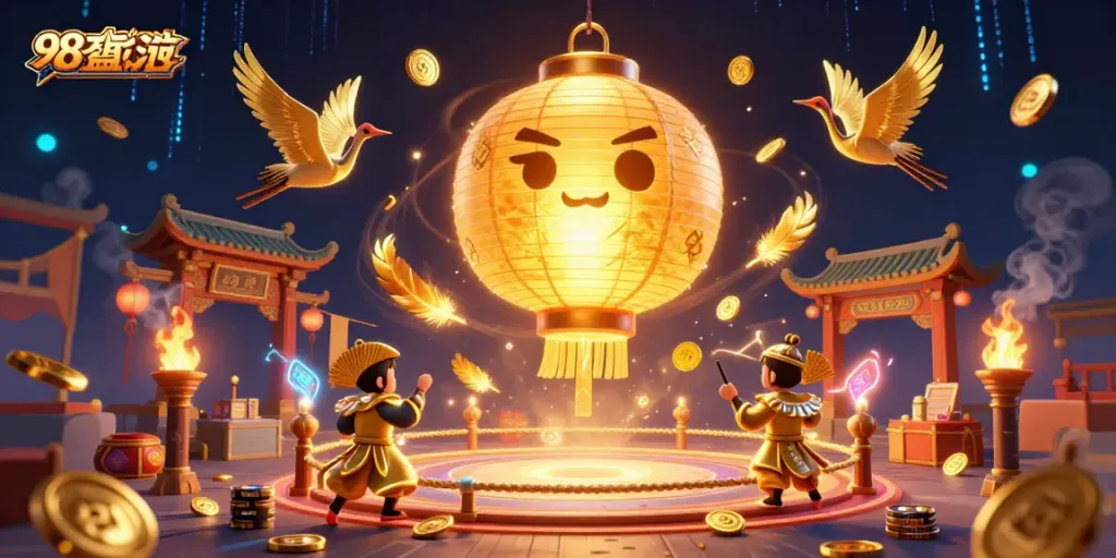 Experience excitement at 98wincom's vibrant casino with golden lanterns and lucky symbols.