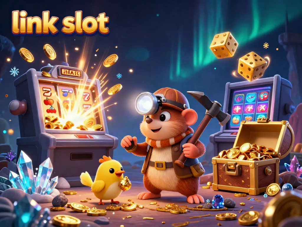 Experience the thrill of a link slot adventure with vibrant characters amidst dazzling jackpots and casino elements.