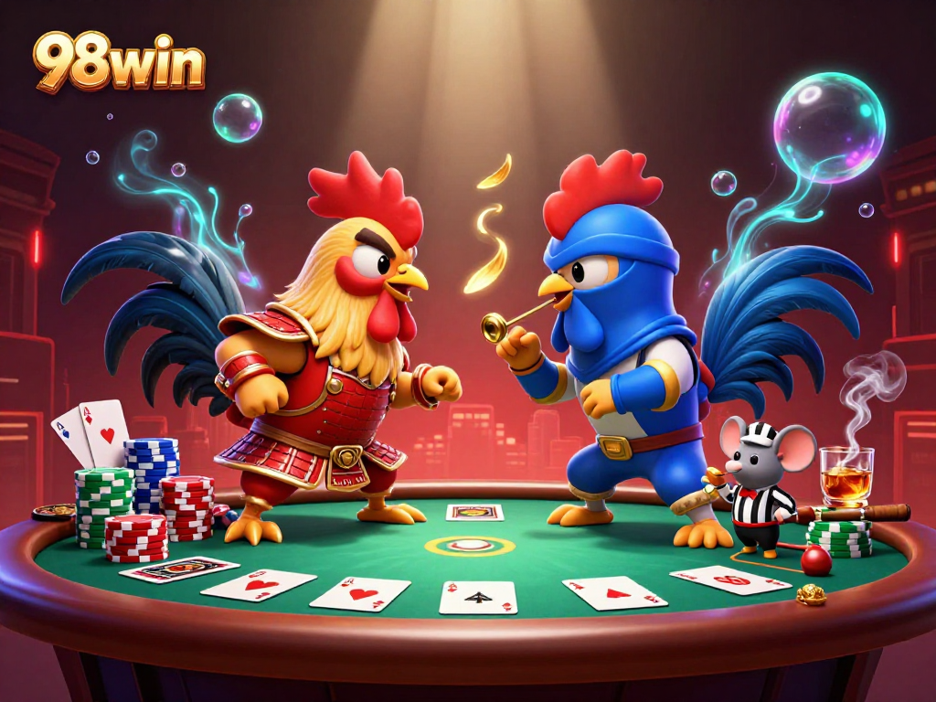 98win's thrilling rooster showdown with poker elements in a vibrant casino atmosphere