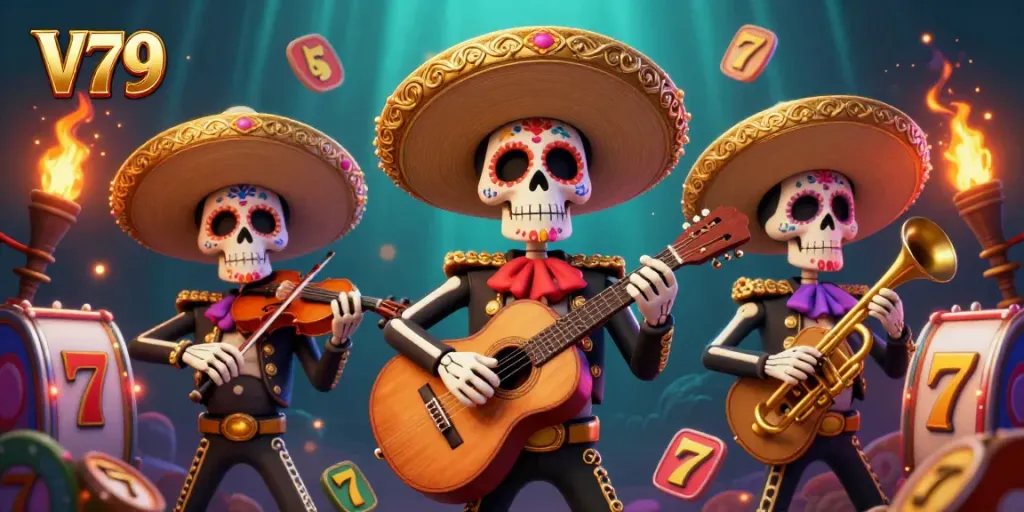 Experience vibrant gaming fun at V79 with a dynamic Day of the Dead mariachi band illustration.