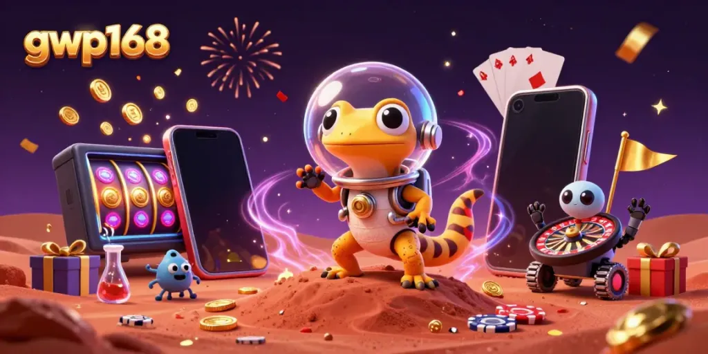 Keseruan bermain slot di gwp168 ditampilkan oleh gecko Mars dan robot dengan atmosfer kasino.