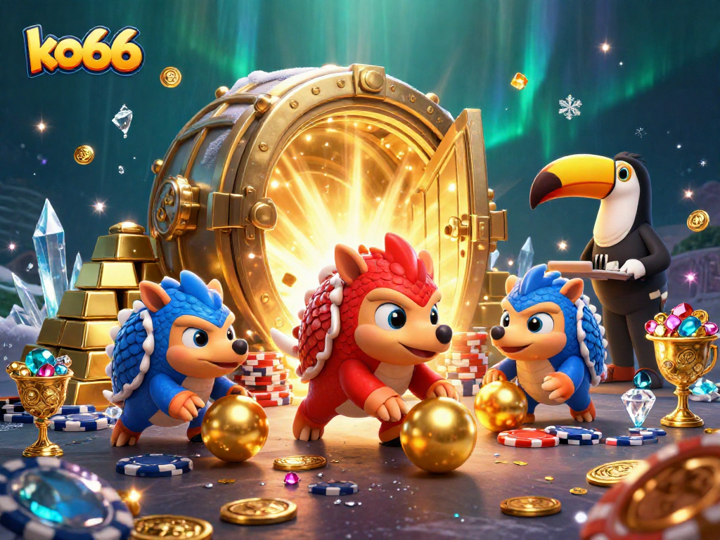 Bowling through poker chips, the ko66 pangolins compete in a vibrant casino scene.