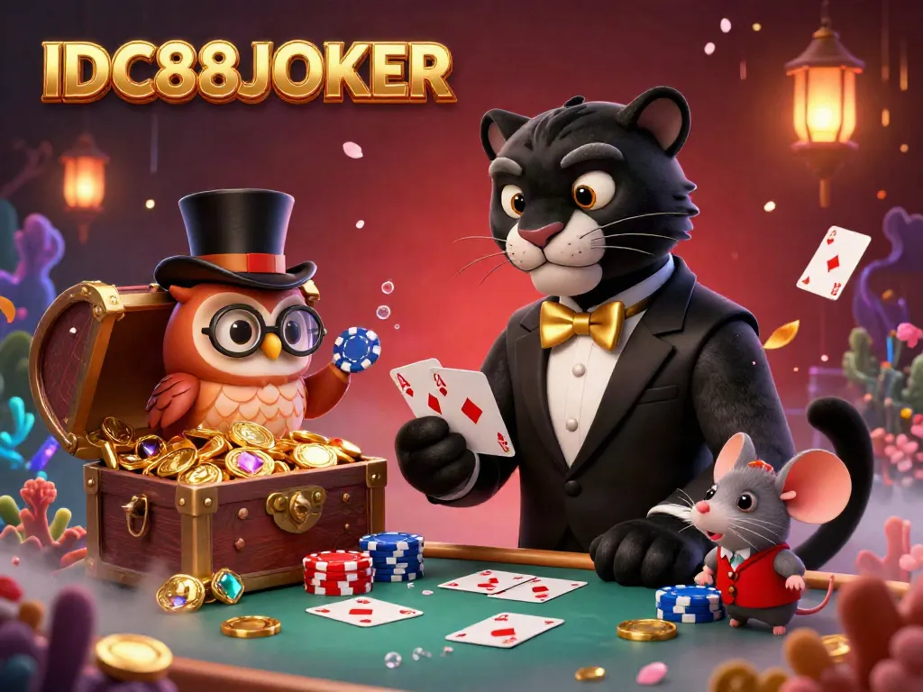 Experience excitement with IDC88JOKER featuring a stylish panther dealing cards amidst an underwater casino theme.