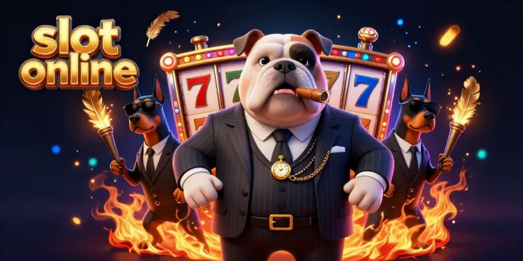 Experience the excitement of slot online with animated mafia characters showcasing vibrant reels and golden elements.