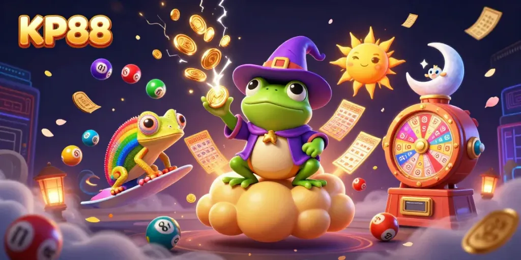 Join the excitement at KP88 with a vibrant scene of a frog wizard and chameleon surrounded by gold coins and lottery elements.