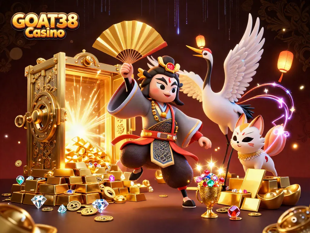 Experience the excitement of GOAT38 Casino with a vibrant 3D illustration showcasing traditional characters and dazzling treasures.