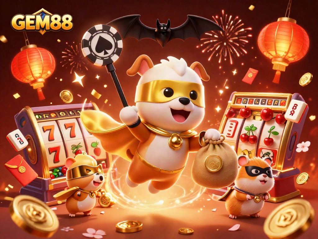 Play with GEM88's vibrant casino theme featuring a superhero dog and dynamic slot elements.