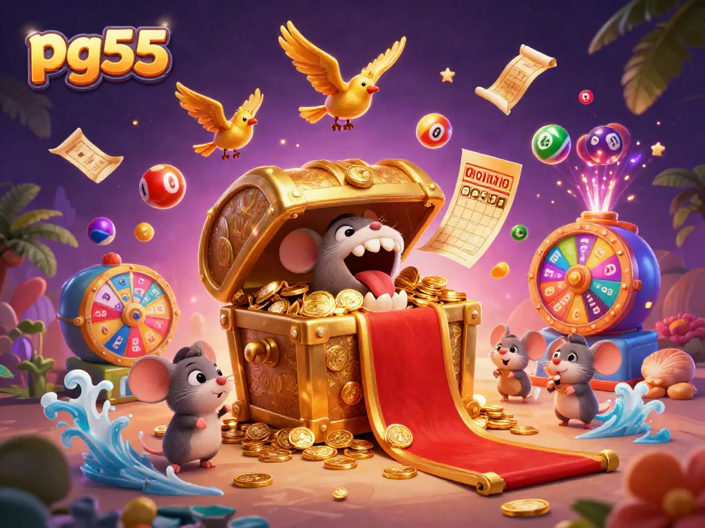 Engage with pg55's exciting gambling experience featuring a treasure chest and vibrant game elements.