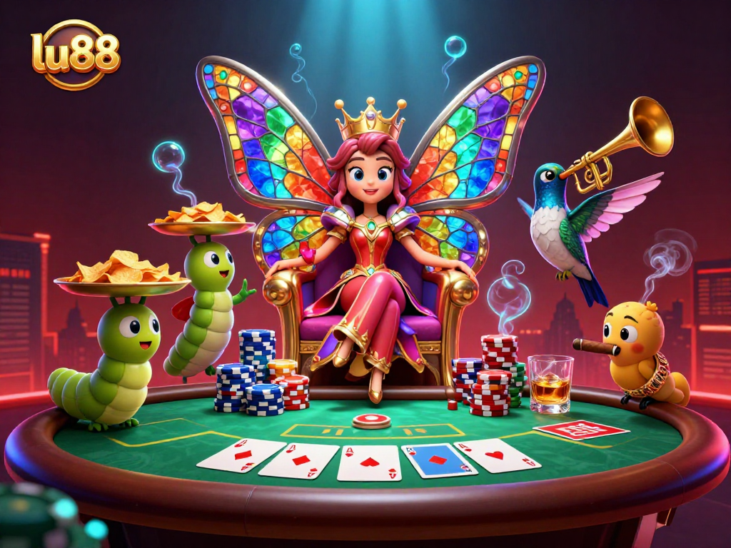 Experience the vibrant world of lu88 with a detailed illustration featuring a butterfly queen amidst gambling symbols.