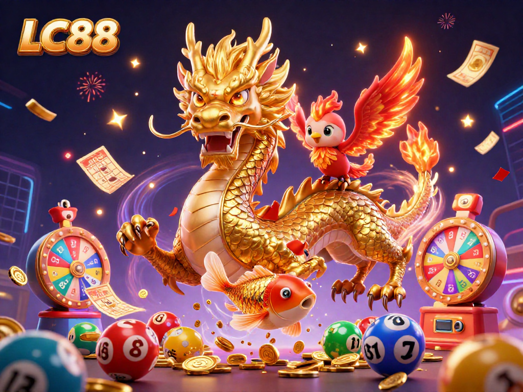 Experience the excitement of gaming with LC88's golden dragon and colorful lottery elements.