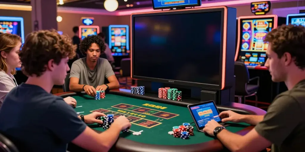 Spieler nutzen den Casino Bonus ohne Einzahlung am Tisch mit bunten Chips und aufregenden Online-Spielen.