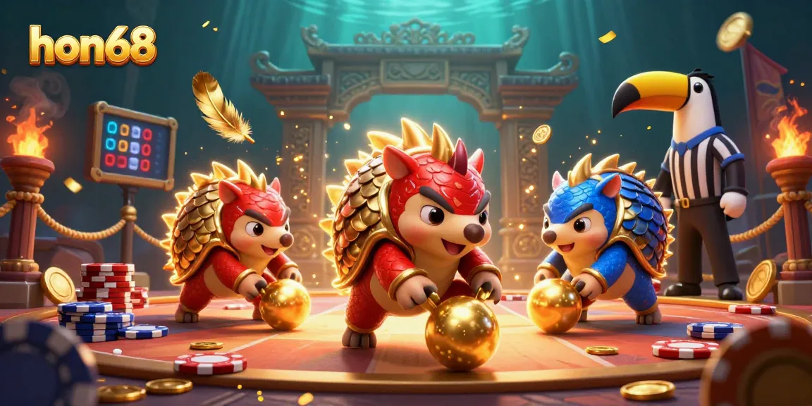 Experience thrilling games at hon68 with rival pangolins competing in a colorful casino scene.