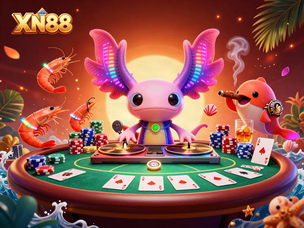 Experience the vibrant energy of XN88 with a neon DJ and lively sea characters in a casino-themed underwater scene.