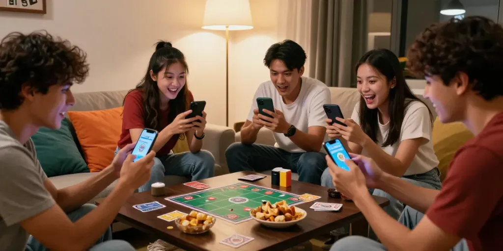 Friends enjoying a thrilling game of 3 Patti No1 in a cozy living room, showcasing vibrant multiplayer excitement.