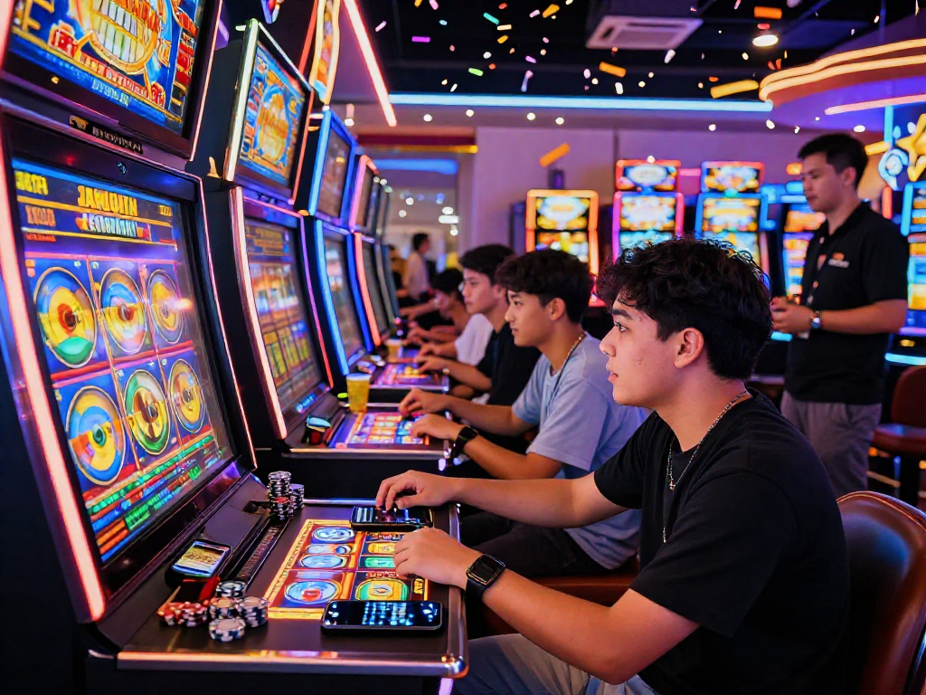 Players engaged with slot gacor machines in an energetic casino atmosphere, colorful lights and engaging environment.