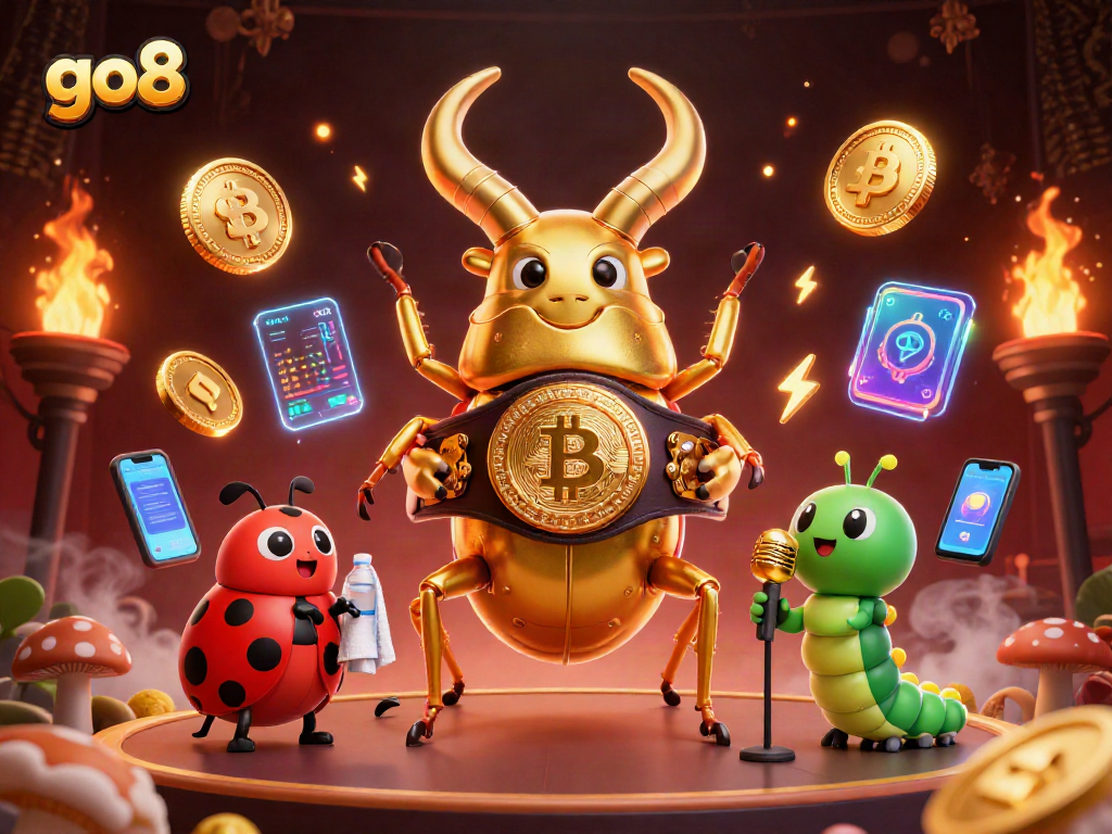 Engaging illustration showcasing go8 games with a giant stag beetle themed as a champion, bringing excitement to gamblers.